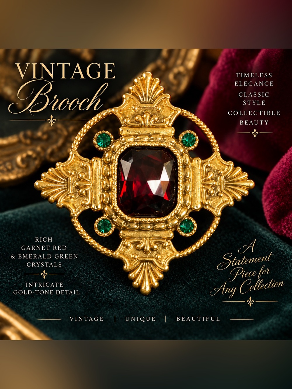 Vintage Gold-Tone Brooch with Deep Red and Emerald Green Stones